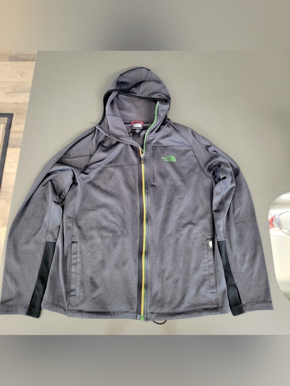 The North Face Men’s Charcoal Gray Hooded Softshell Jacket with Lime Accents